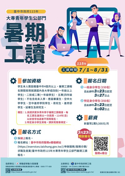 115年臺中市大專青年學生公部門暑期工讀-海報